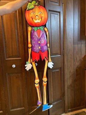 Skeleton Halloween Diecut Jointed Jack O Lantern Decoration Purple Vintage 22”